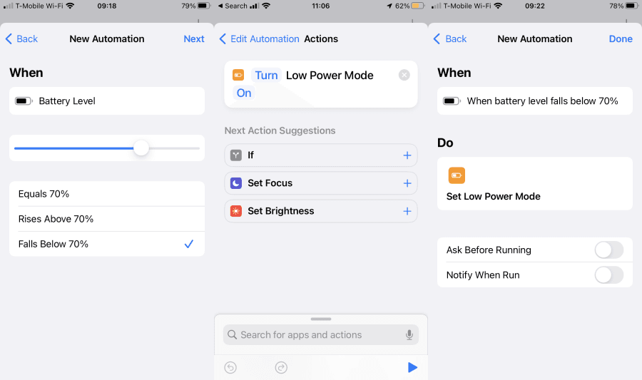 iphone automation to turn the low power mode on when battery goes below 70