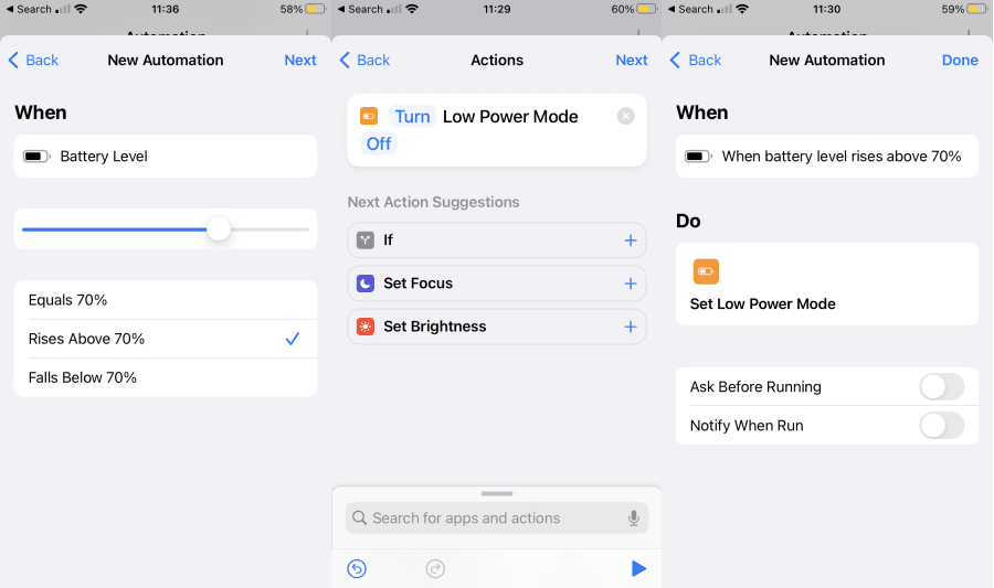 iphone automation to turn the low power mode off when battery goes above 70