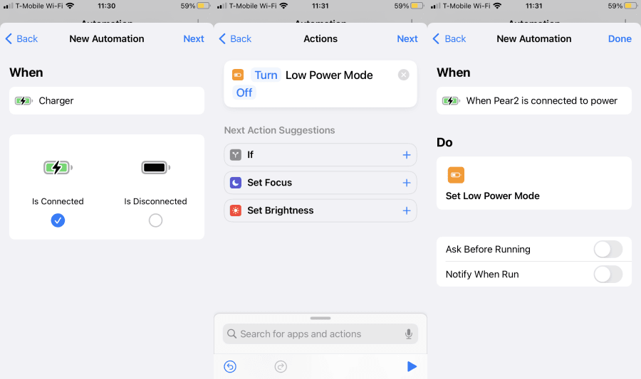 iphone automation to turn the low power mode off when charger is connected